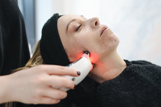 An adult woman receives a laser facial treatment in a modern skincare clinic.